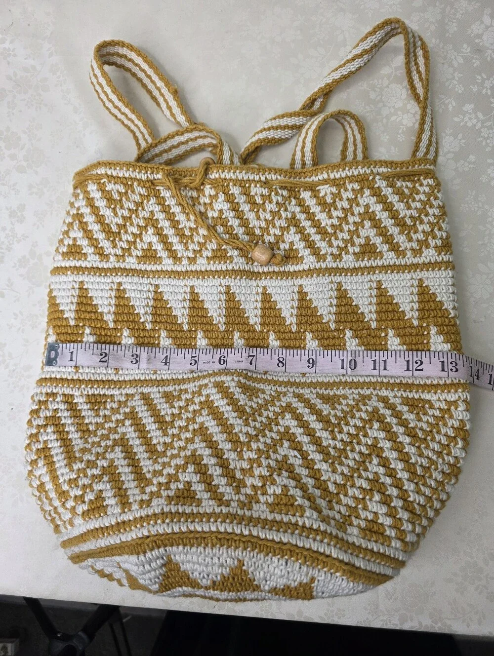 Unique Batik Guatemala Crocheted Drawstring Backpack Mustard Yellow Boho Bucket